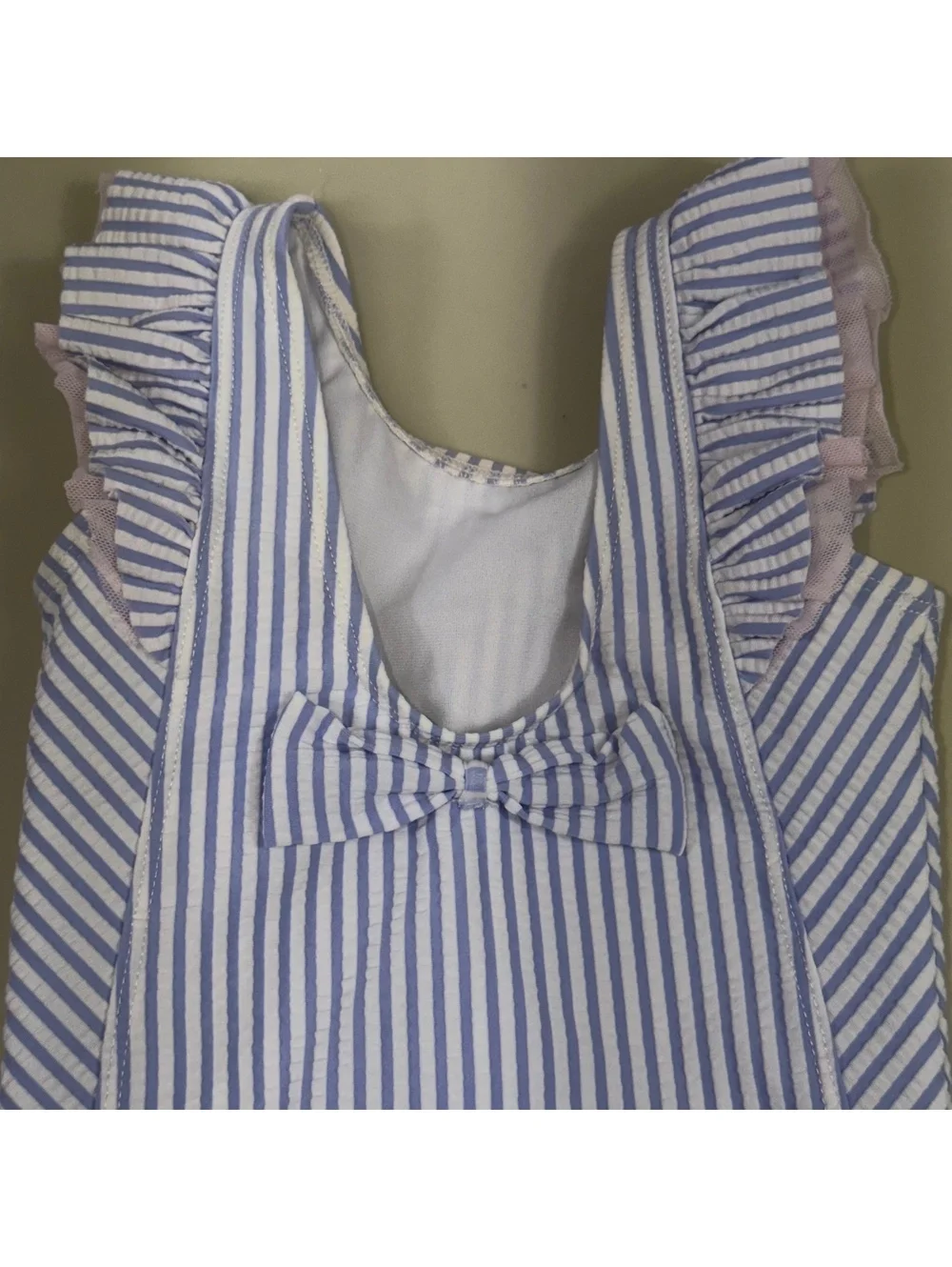 RuffleButts Girls 6-12M Blue Seersucker Ruffle Swimsuit
